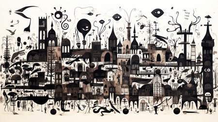 Hand drawn illustration of a cityscape with buildings, streets and people.の素材