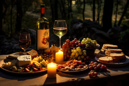 Wine, cheese and snacks on wooden table in vineyard at sunsetの素材
