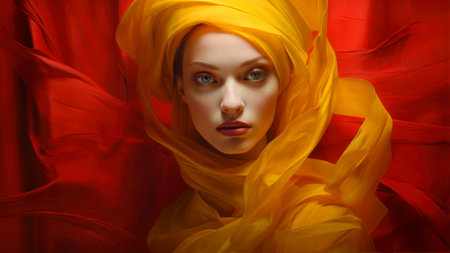 Portrait of a beautiful girl with a yellow scarf on her headの素材