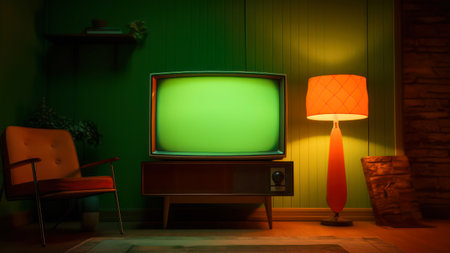 Vintage TV set with green screen on the wall in living roomの素材