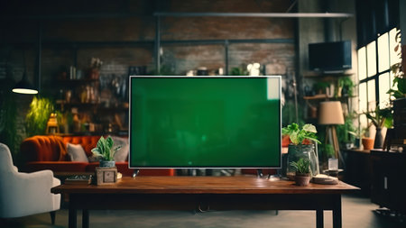 Green chroma key screen on wooden table in modern living room. Mockupの素材