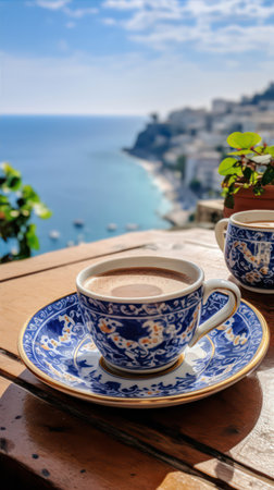 Cup of coffee on the terrace overlooking the sea, Italyの素材