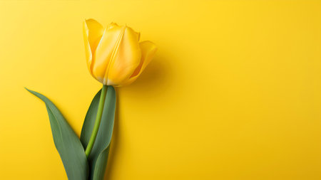 Yellow tulip on yellow background. Flat lay, top view.の素材