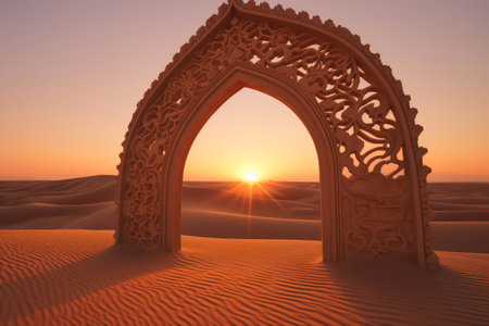 3d render of arabic arch in the desert at sunsetの素材