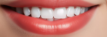 Close up of beautiful female lips with clean white teeth. Dentistry conceptの素材