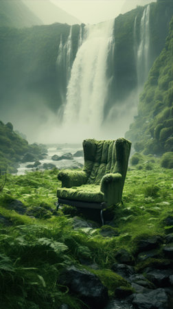 Composite image of a green chair in front of a waterfallの素材