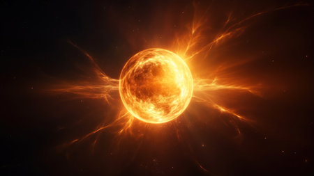 Fiery sun in space. Solar system. 3D illustration.の素材