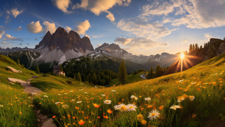 Sunset in Dolomites, Italy. Panoramic viewの素材