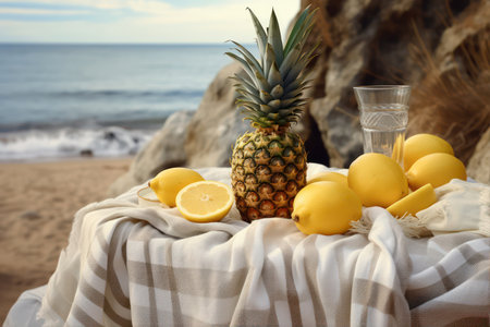 Still life with lemon and pineapple on the beach. Summer vacation conceptの素材