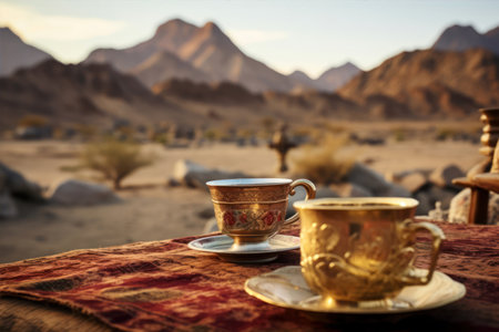 Coffee cup and saucer on table in Wadi Rum desert, Jordanの素材