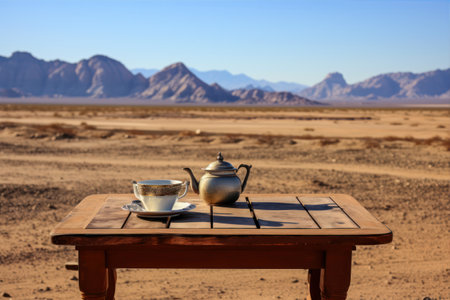 Cup of coffee and teapot on a table in the desertの素材