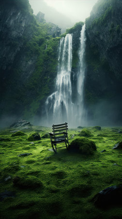 Lonely chair in front of a waterfall in the rainforestの素材