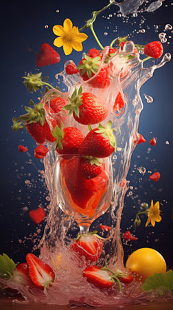 Strawberries falling into a glass with splashes of water on a blue backgroundの素材