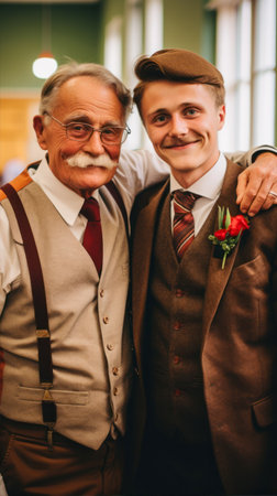 Wedding couple in the church. Mature man with his adult sonの素材