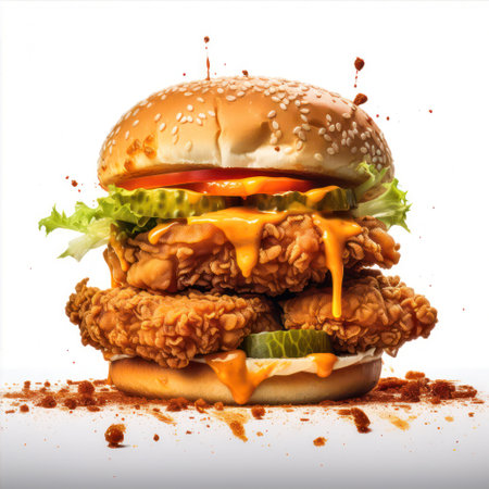 Hamburger with fried chicken meat and vegetables isolated on white backgroundの素材