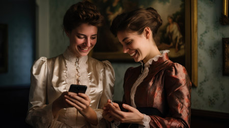 Two beautiful young women in medieval dresses using mobile phone in a roomの素材