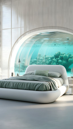 3d rendering of a modern bedroom interior with a swimming pool.の素材