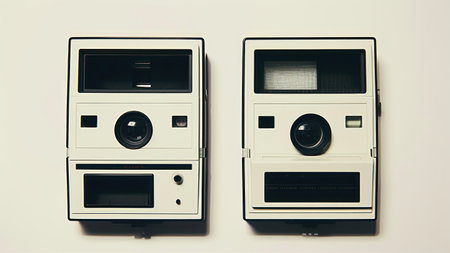 Retro camera on white background. Vintage style toned picture.の素材
