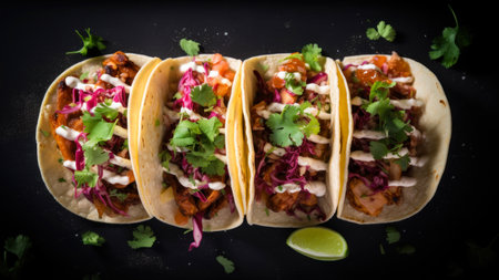 Mexican tacos with chicken, red cabbage and cilantro on black backgroundの素材