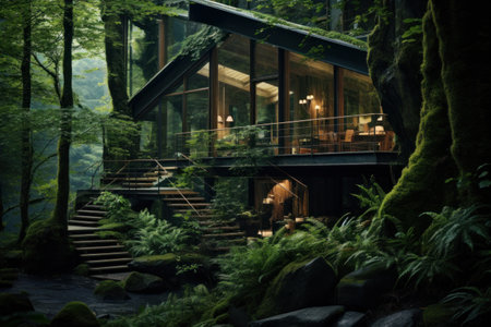 Modern chalet in the forest. Wooden stairs and green plants.の素材