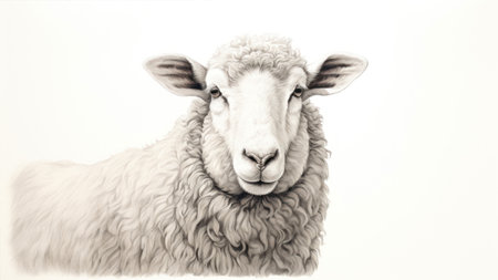 Sheep on white background, black and white image. Digital painting.の素材