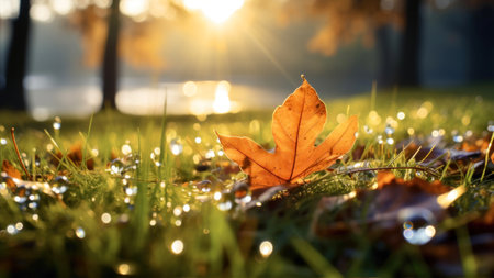 Autumn leaves on the grass with dew drops and sunlight.の素材