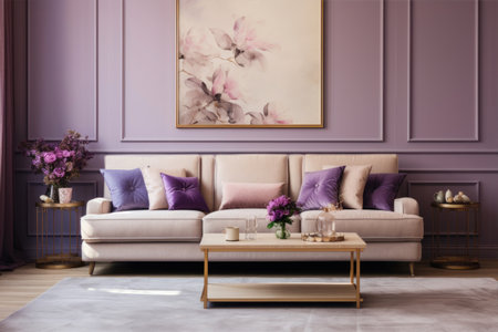 Luxury living room interior with purple walls and sofa.の素材