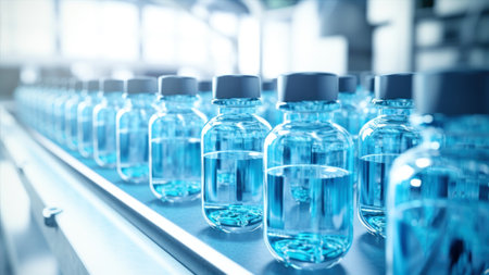 Plastic bottles with blue liquid on conveyor belt, closeupの素材