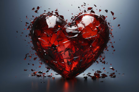Broken red heart on a dark background.の素材