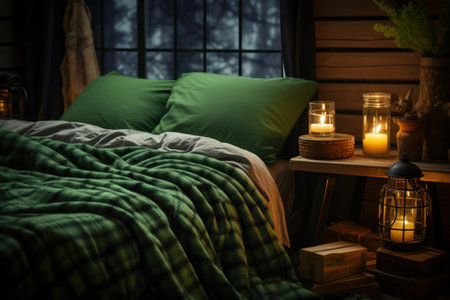 Bedroom interior with green pillows, candles and books on wooden shelfの素材