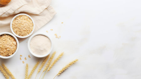 Oat flakes in bowls and ears of wheat on white background, top view, copy spaceの素材