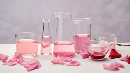 Laboratory glassware with pink liquid and rose petals on tableの素材