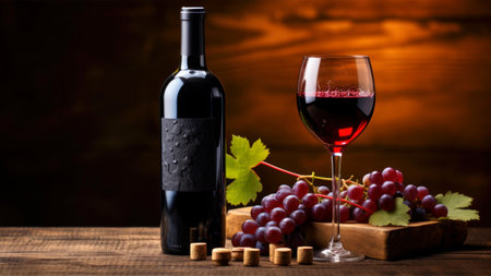 Bottle of red wine with grapes and cork on wooden backgroundの素材