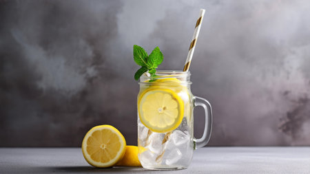 Lemonade with lemon and mint in a glass jar on a gray backgroundの素材