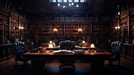 3D rendering of an old library interior with bookshelves and chairsの素材