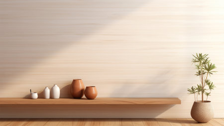 Interior of modern living room with wooden shelf and vases, 3d renderの素材
