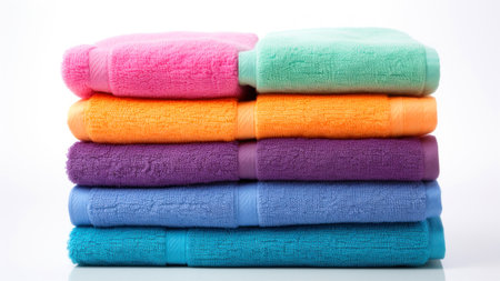 Stack of colorful towels on white background, close-up, selective focusの素材