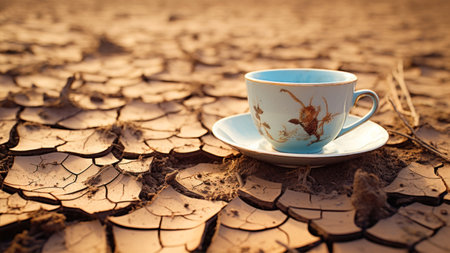 Coffee cup on cracked earth background, global warming concept.の素材
