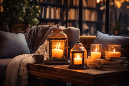 Lanterns and books on table in living room at nightの素材