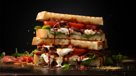 Sandwich with bacon, mozzarella and tomatoes on black backgroundの素材