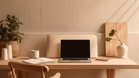 Modern workspace with laptop, coffee cup, notebook and decorations on wooden tableの素材