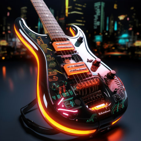 Electric guitar on the background of the night city. 3d renderingの素材
