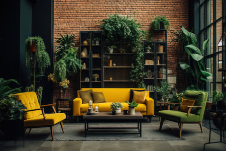 Interior of modern living room with yellow armchairs and plants.の素材