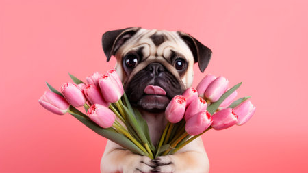 Funny pug puppy holding tulips bouquet on pink backgroundの素材