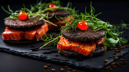 Grilled black bread with smoked salmon and spices on a black backgroundの素材