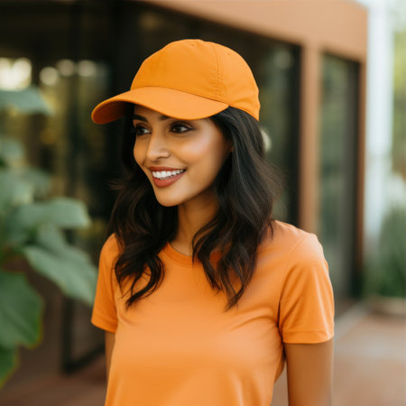 happy african american woman in baseball cap and orange t-shirtの素材