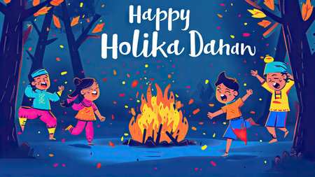 Happy Holi festival of India greeting card, banner, poster with cartoon kids playing in the forest with fire,の素材