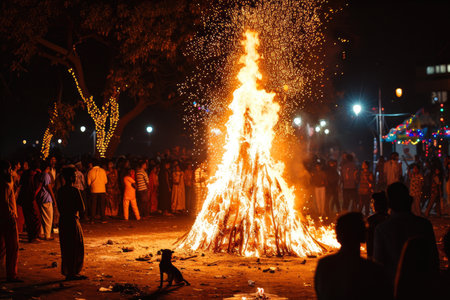 Hindu devotees throw fire to the fire chariot during Thaipusam festival.の素材