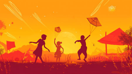 Children playing with kites in the field at sunset.の素材
