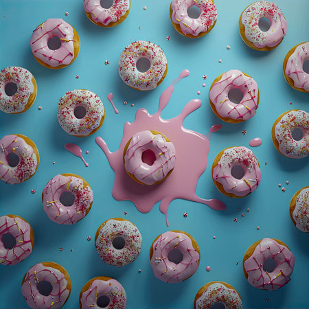 Donuts with pink glaze on blue backgroundの素材